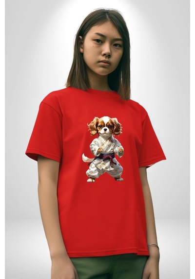 Cavailer King Charles Spaniel Karate Pamuklu Bisiklet Yaka Unisex Oversize Boyfriend Dijital Baskılı Kırmızı T-shirt Kırmızı