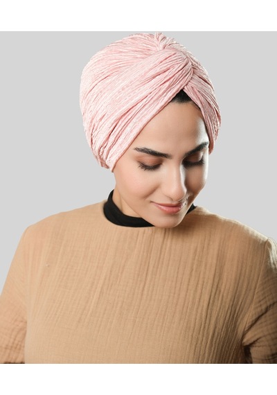 Hürrem Bone Pudra Çapraz Büzgülü Piliseli Tesettür Bone Fukuro Kendinden Desenli 2316 06 Pudra
