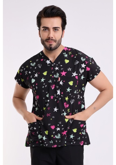 Yarasa Kol Dijital Desenli Üst - 6506 Siyah Yıldız Kalp-7191
