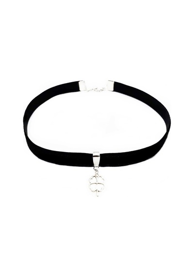 Siyah Renk Kadife Kadın Yonca Choker Kolye Gümüş