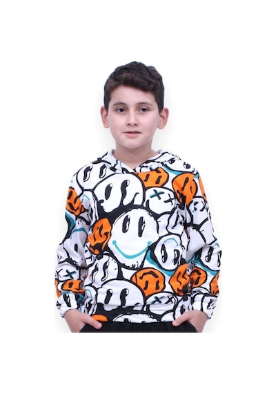 Fyk Kids Gülen Yüz Desenli Kapşonlu Unisex Sweatshirt Turuncu