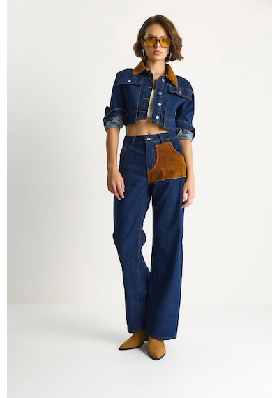 Shade Kadın Kadife Yaka Ceket Renk Bloklu Wide Leg Pantolon Denim Takım 6087 60283532 - Lacivert