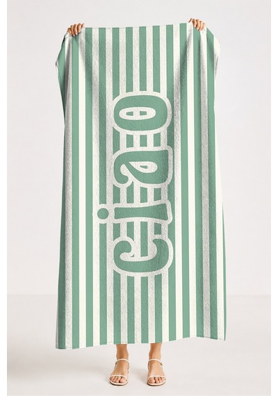 Çizgili Ciao Yeşil Modern Plaj Havlusu - Minimalist Marine Mint Beyaz Hızlı Kuruyan Mikrofiber Havlu Çok Renkli