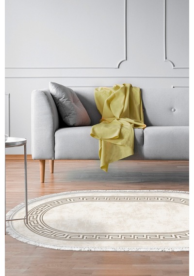 Dekoreko Kaymaz Taban Djt Salon Halısı Trend Saçaklı Oval Modern 626m krem