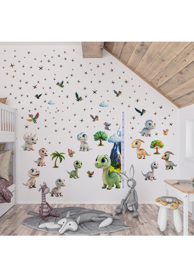 Sevimli Dinazorlar Temalı Boy Ölçerli Duvar Sticker Seti - Mat, Sökülebilir, Çocuk Odası Dekoru 01