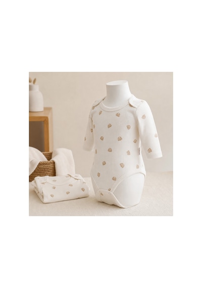 Bebelove Bebek Uzun Kollu Baskılı Çıtçıtlı Body 2'li Set Krem-bej Çok Renkli