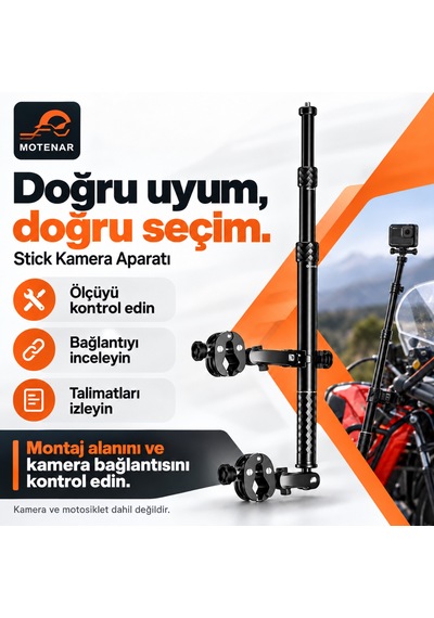 Motenar Motosiklet Stick Kamera Aparatı Çift Kelepçeli Siyah