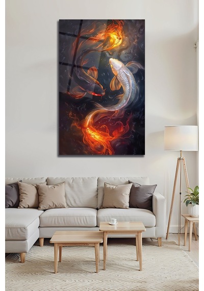 Yin Yang Koi Balığı Ateş Ve Su Mistik Dekoratif Cam Tablo Feng Shui Enerji Duvar Sanatı Modern Dekorasyon Temalı Dekoratif Duvar Tablosu, Salon, Ev Ve Ofis Dekoru,