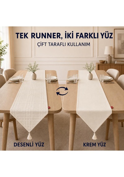 Ayrex Tek Runner İki Farklı Yüz, Çift Taraflı Kullanım 45 X 150 Cm, Desenli Ve Düz İki Yüzlü Runner, Püsküll Diğer