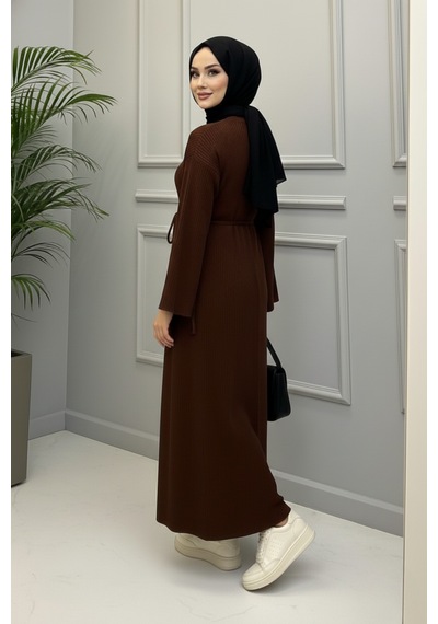 Defymoda Kadın Kahverengi Ribanalı / Fitilli Uzun Tesettürlü Kışlık Elbise - Çan Kol Detaylı Astarlı/örme Kahverengi