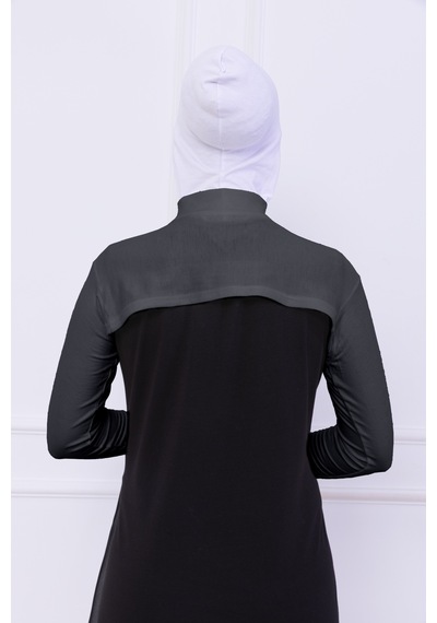 Loggia Balıkçı Yaka Boyunluklu Kolluk Gri - Likralı Dik Yakalı Kadın Body Tesettür Crop Bolero Gri