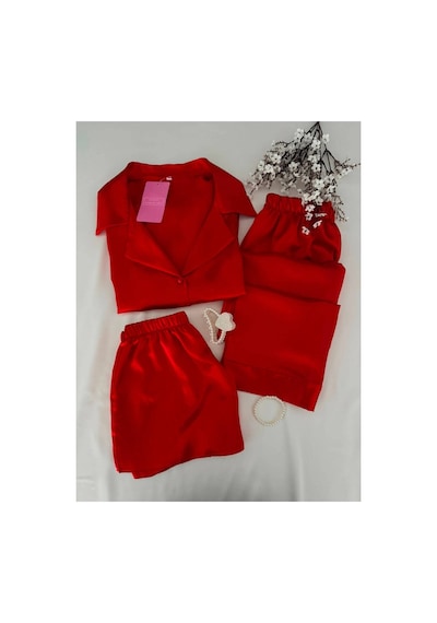 Mh Moony Homewears 3'lü Kırmızı Yumuşacık Saten Pijama Takımı Koyu Kırmızı