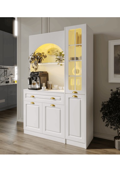 Guneystore Armoni Gold Midi Kahve Köşesi Sağ Vitrinli Komple Mdf Beyaz