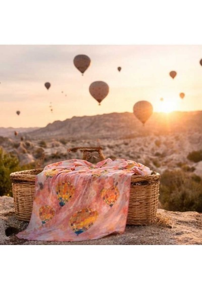 Hancappadocıacollectıon Kapadokya Balon Desenli %100 Pamuk Şal Açık Pembe