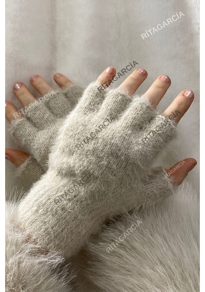 Peluş Kesik Parmak Eldiven Bej