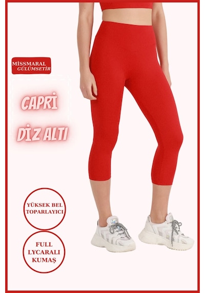 Missmaral Kadın Kapri Tayt Kırmızı Diz Altı Yüksek Bel Toparlayıcı Dar Paça Karyoka Dikiş Detaylı Capri 1020 Kırmızı