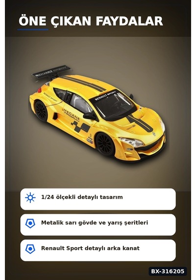 Renault Megane Trophy Model Araba 1:24 Ölçek Metal Gövde Standlı Bx-316205