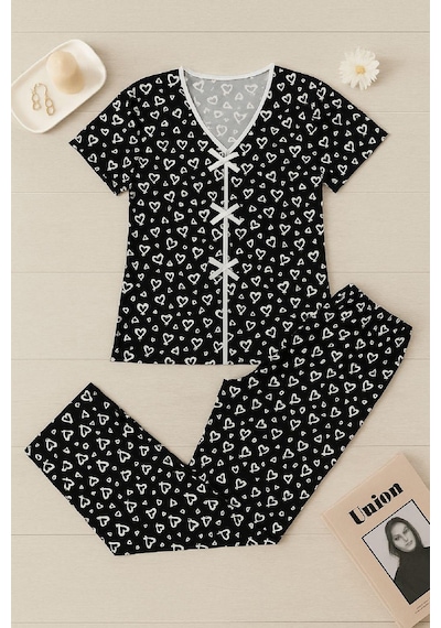 Moda Dua Kadın Siyah Beyaz Desenli Fiyonklu Kısa Kollu Pijama Takımı