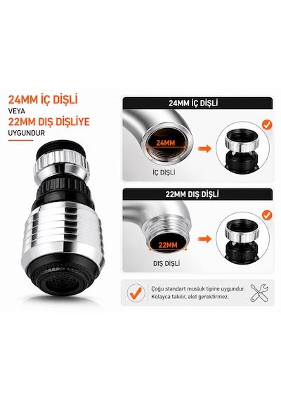 Krom 2 Fonksiyonlu 360 Döner Mutfak Musluk Başlığı Su Tasarruflu Musluk Ucu Aparatı Lavabo Batarya Başlığı Sıçrama Önleyici Musluk Aparatı 1