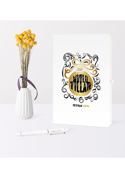 Kişiye Özel Yılbaşı Mutlu Yıllar Temalı Beyaz Defter Kalem Seti - 9