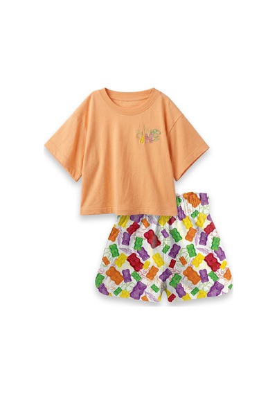 Haribo Lisanslı Geometrik Şortlu Kız Çocuk T-shirt Şort Takım Somon