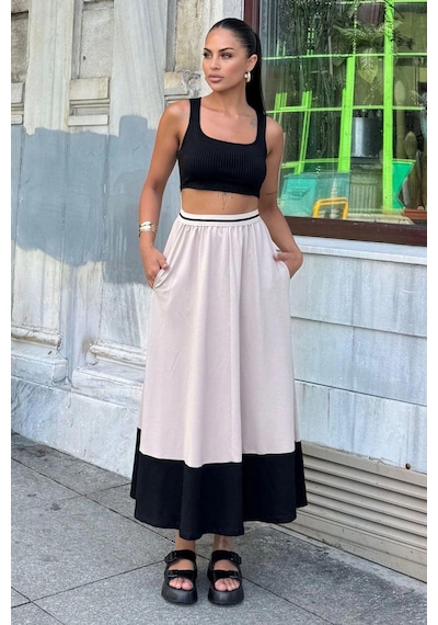 WeShaya Kadın Bej & Siyah Color Block Desen,beli Şerit Lastikli, Rahat Kalıp, Cepli Uzun Etek Bej WeShaya Kadın Bej & Siyah Color Block Desen,beli Şerit Lastikli, Rahat Kalıp, Cepli Uzun Etek Bej