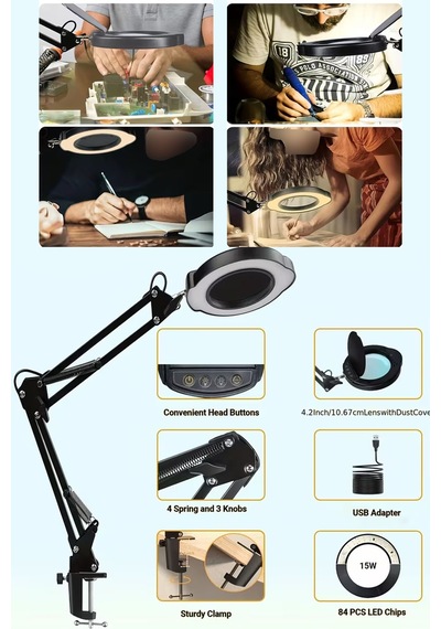 15x Kendinden Büyüteçli Masaya Sabitlenebilen Led Işık Tamirci Saatçi Kuyumcu Led Stand Ring Light Siyah
