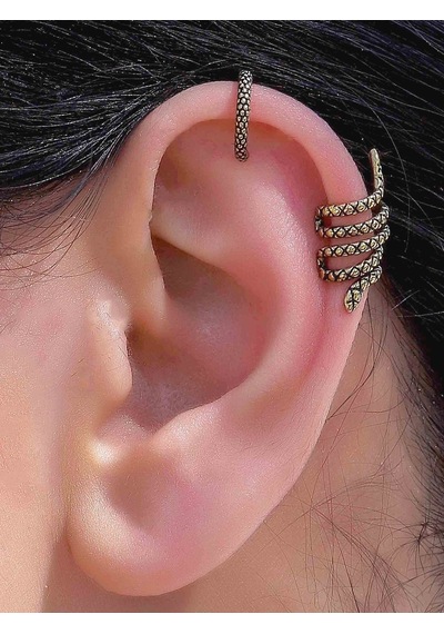 Vintage Antik 2'li Deliksiz Ear Cuff Ayarlanabilir Yılan Model Kıkırdak Küpe Seti Eukk9 Sarı