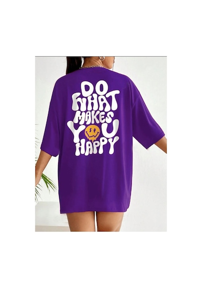 Medinenur Do What Makes You Happy Baskılı Kadın T-shirt Mor
