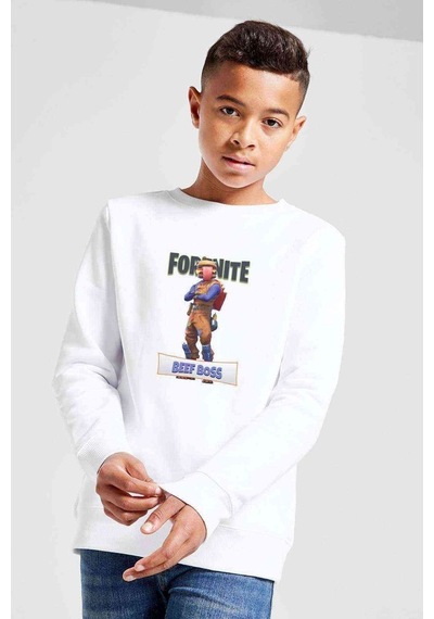 Tshirthane Beef Boss Fortnite Baskılı Unisex Çocuk Beyaz Sweatshirt Beyaz