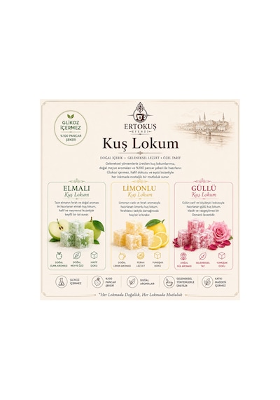 Karışık Meyveli Kuş Lokumu 250gr Limonlu, Elmalı, Güllü Çifte Kavrulmuş %100 Pancar Şekeri - 913891548