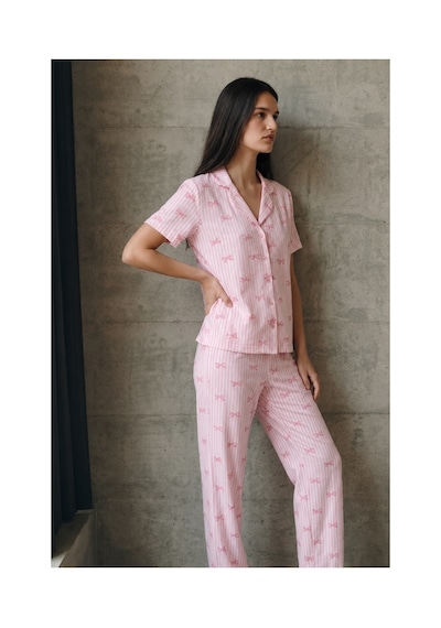 Fit Women V Yaka Düğmeli Casual Pembe Pijama Takımı