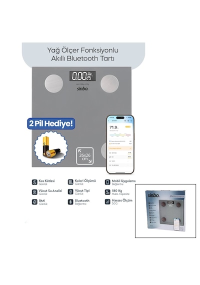 Gri Yağ Ölçer Akıllı Bluetooth Cam Baskül Pilli 180kg/50gr 26x26cm 8-kişi Hafıza Lcd Ekran Gösterge Sbs-4473 4801