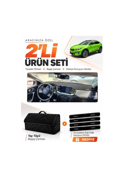 Kia X-ceed 2020-2025 Uyumlu Torpido Örtüsü + Tay Tüyü Bagaj Çantası + Sticker Seti - Siyah