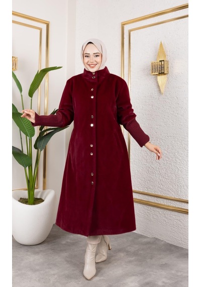 Hb Harma Time Butik Kadın Astarlı Angora Düğmeli Bordo Kaban
