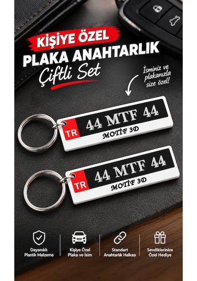 Kişiye Özel Plaka Anahtarlık Çiftli Set 2 Adet - İsimli Ve Plakalı Araç Anahtarlığı Siyah - Beyaz