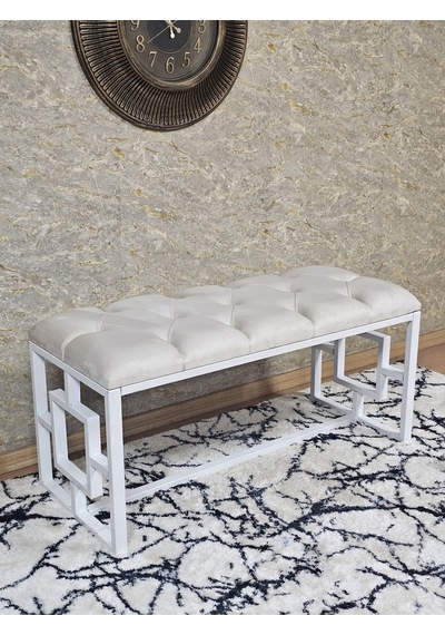 Zafir Beyaz Boyalı İçi Kareli Diktörtgen 100 Cm X 40 Cm Oturak Puf - Bench - Makyaj Oturağı - Oturak Krem