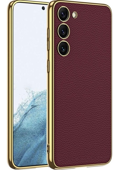 Galaxy S23 Plus Kılıf Deri Görünümlü Kenarları Elektroplating Kaplama Zore Fizyon Kapak Kırmızı