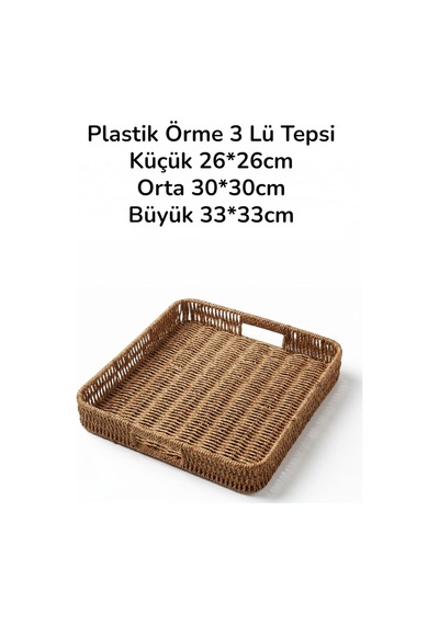 3 Lü Rattan Tepsi Dekoratif Tepsi Hasır Örme Tepsi Kare Krem