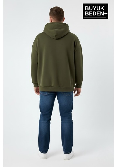 Süperlife Erkek Büyük Beden Ar Baskılı Kapüşonlu İnce Sweatshirt Spr26bsw963 Haki