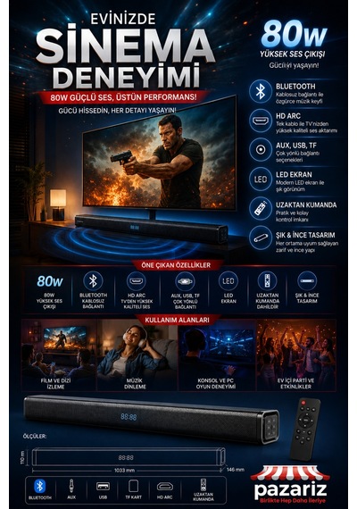 Soundbar Kablosuz Ev Sinema Sistemi Stereo Hd Ses Kalitesi 80w Led Ekranlı Tv005