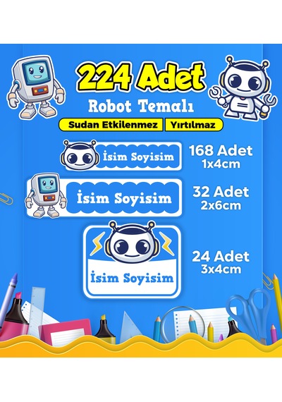 Robot Temalı Okul Kreş Kişiye Özel İsim Etiket Seti - Model 439 Çok Renkli