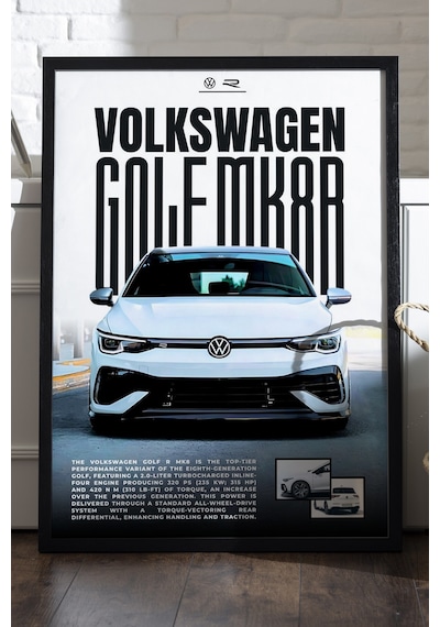 Volkswagen Golf Mk 8 R Siyah Ahşap Çerçeveli Poster, Dekoratif Araba Duvar Tablosu