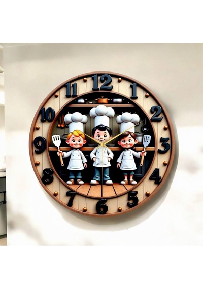 AA Shop Çocuk Aşçılar Kabartma Görünümlü Renkli Baskı Desenli Sayılı Hediyelik Ahşap Sessiz Duvar Saati 50cm ÇOk Renkli
