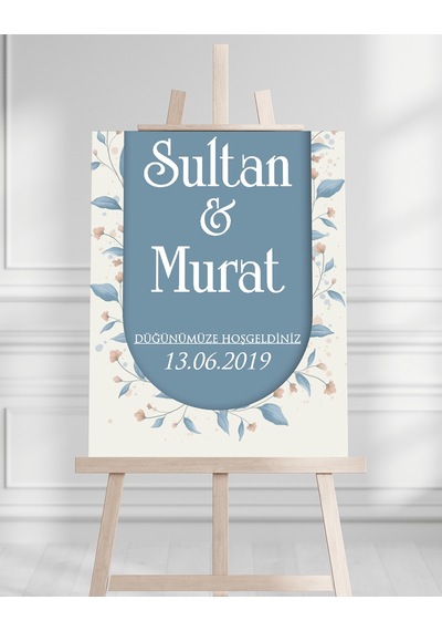 Söz Nişan Düğün İçin 50x70 Karşılama Panosu - Mavi Tasarımlı 005 Beyaz