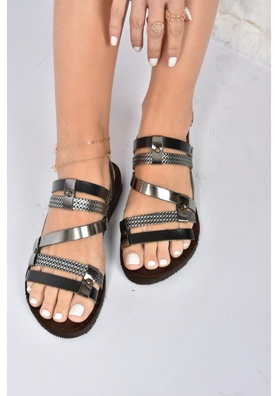 Fox Shoes Siyah/Platin Hakiki Deri Kadın Sandalet K374680103