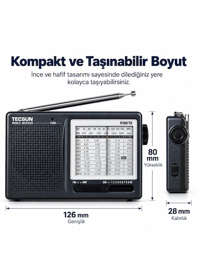 Tecsun R-9012 Pilli 12 Bant Dünya Radyosu Fm Mw Sw Kısa Dalga Analog Cep Radyosu Teleskopik Antenli