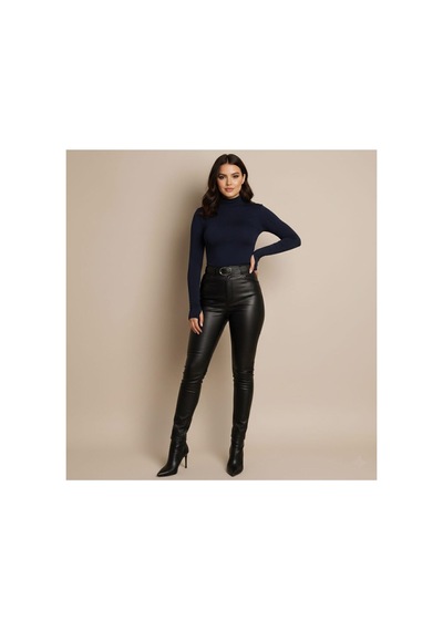 Unika Boutique Uzun Kol Dik Yaka Parmak Geçmeli Body T-shirt Lacivert