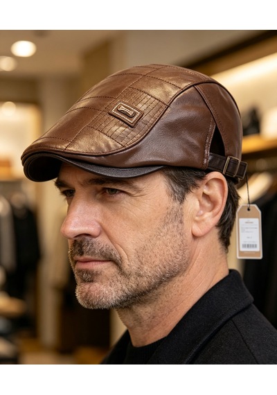 Erkek Suni Deri Gözlük Şapkası Kare Dikiş Detaylı Ayarlanabilir Flat Cap 3 Renk Kahverengi