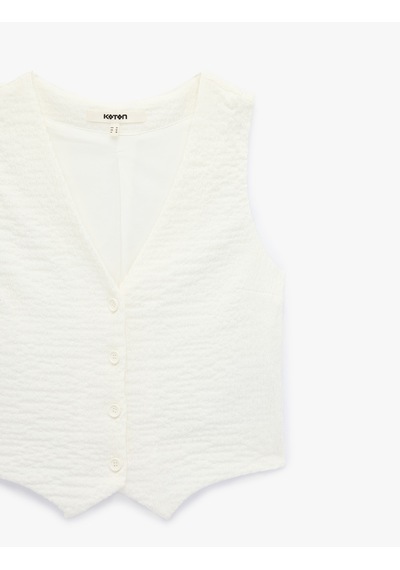 Koton Bürümcük Kumaş Slim Fit V Yaka Düğmeli Yelek Ekru 6sak30004ek